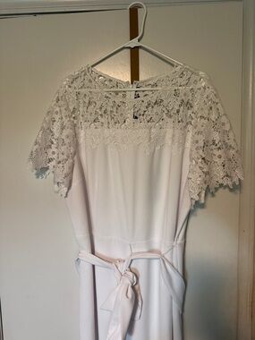 Preston & York White Lace-Trim Belted Jumpsuit